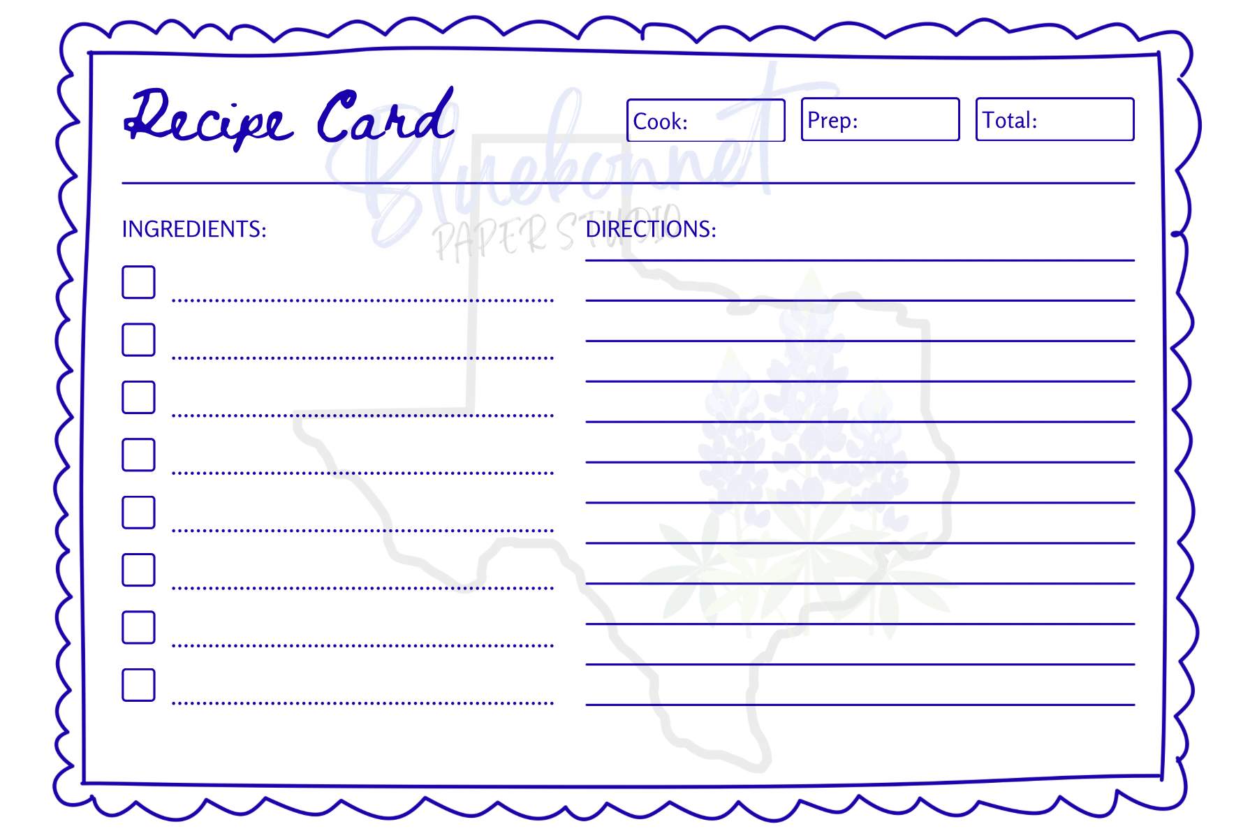 Bluebonnet Recipe Card